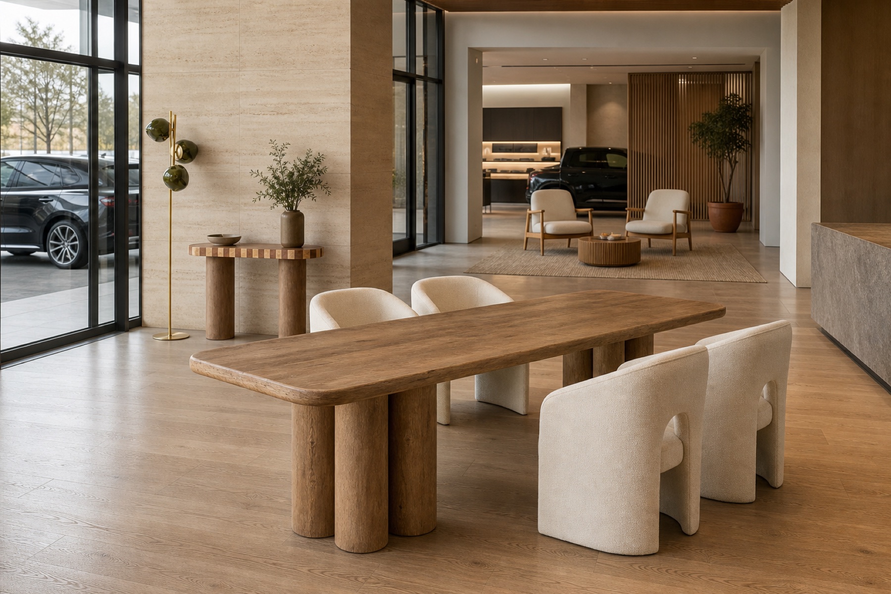 A customer space beyond the showroom floor, featuring Monsanto Dining Table and Livenza Occasional Chair and Rowan Occasional Chair and Chelsia Console Table and Stella Floor Lamp