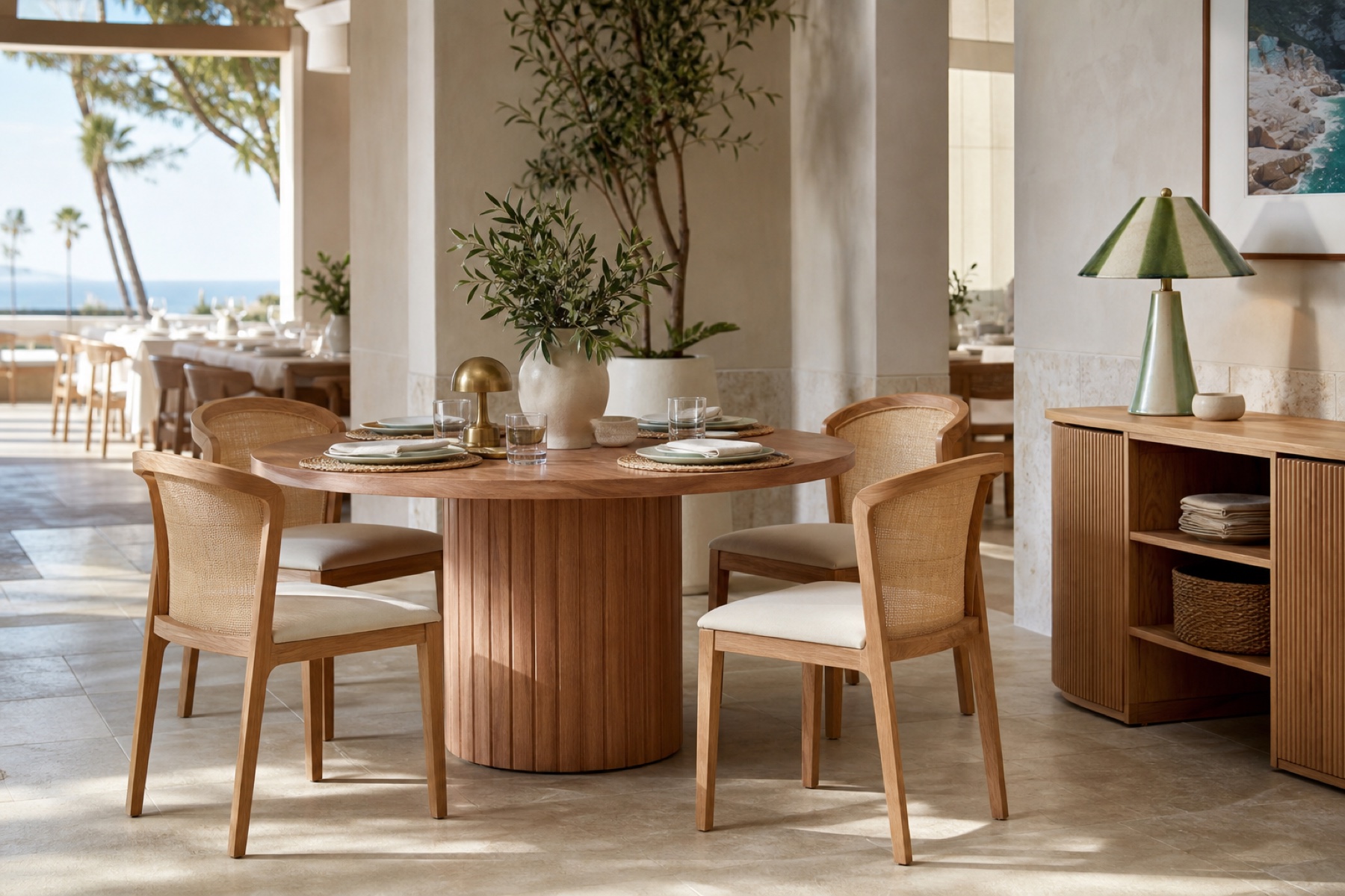 A bright breakfast room with coastal ease, featuring Nova Terr Wood Dining Table and Ava Dining Chair and Athol Ceramic Lamp