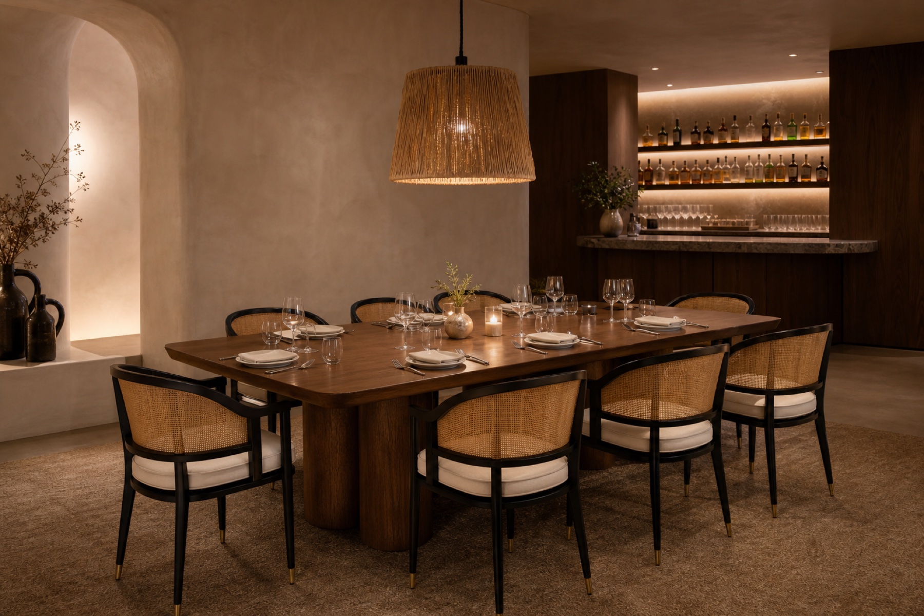 A private dining room with natural texture, featuring Monsanto Dining Table and Levanto Nordic Dining Chair and Mabella Rattan Lamp