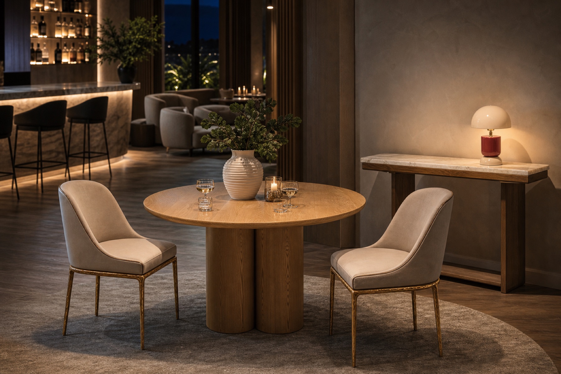 A boutique hotel lounge with quiet glamour, featuring Capri Round Dining Table and Milano Lounge Dining Chair and Lloyd Marble & Wood Console and Rio Metal Lamp