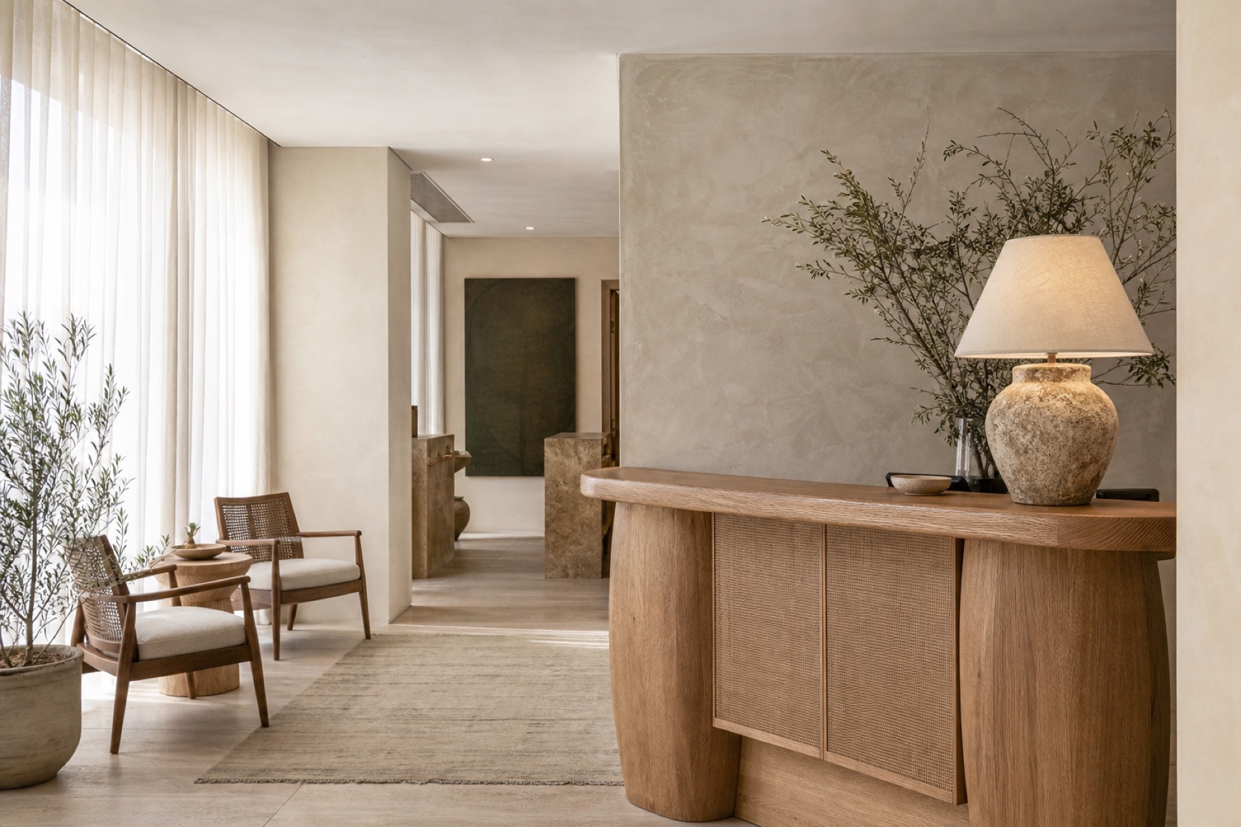 A reception that feels calm from arrival, featuring Georgia Round Dining Table and Georgia Dining Chair and Tate Ceramic Lamp