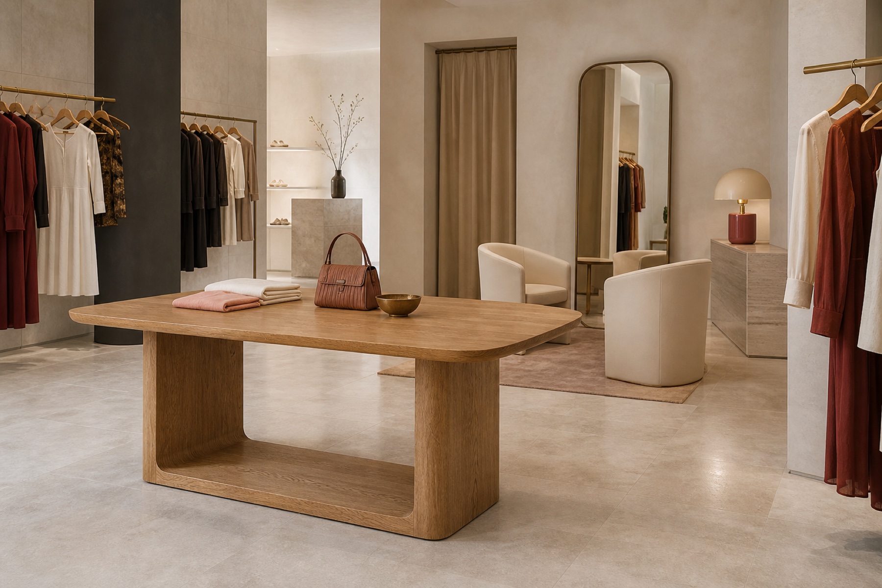 A boutique built around statement pieces, featuring Sorento Dining Table and Angelina Dining Chair and Rio Metal Lamp