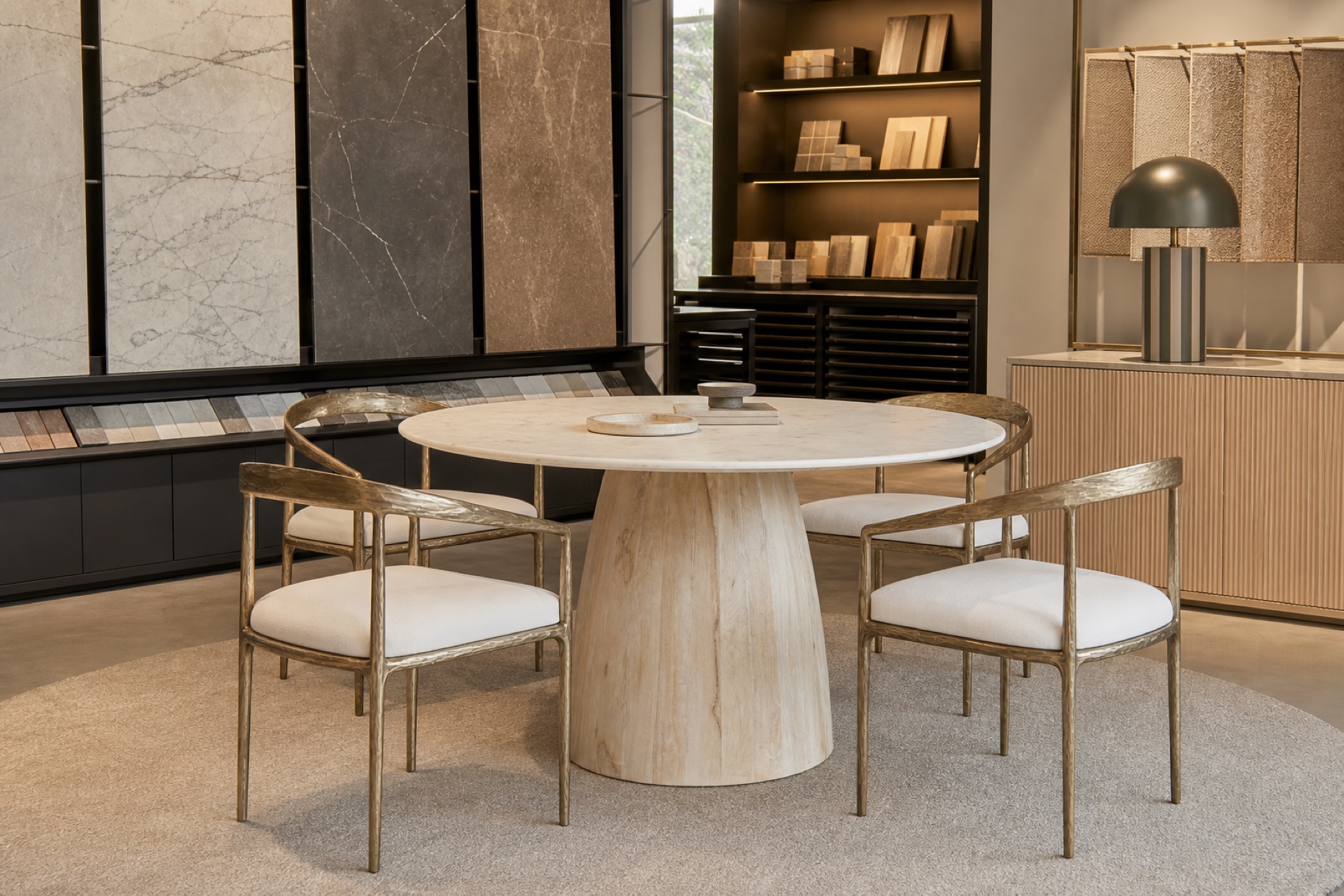 A specification table clients remember, featuring Arezzo Marble & Timber Dining Table and Milano Armrest Dining Chair and Raya Metal Lamp — Charcoal